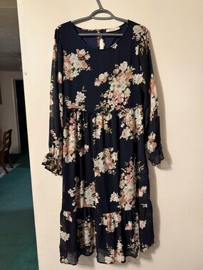 Women's Navy Floral Tiered Midi Dress with Long Sleeves
